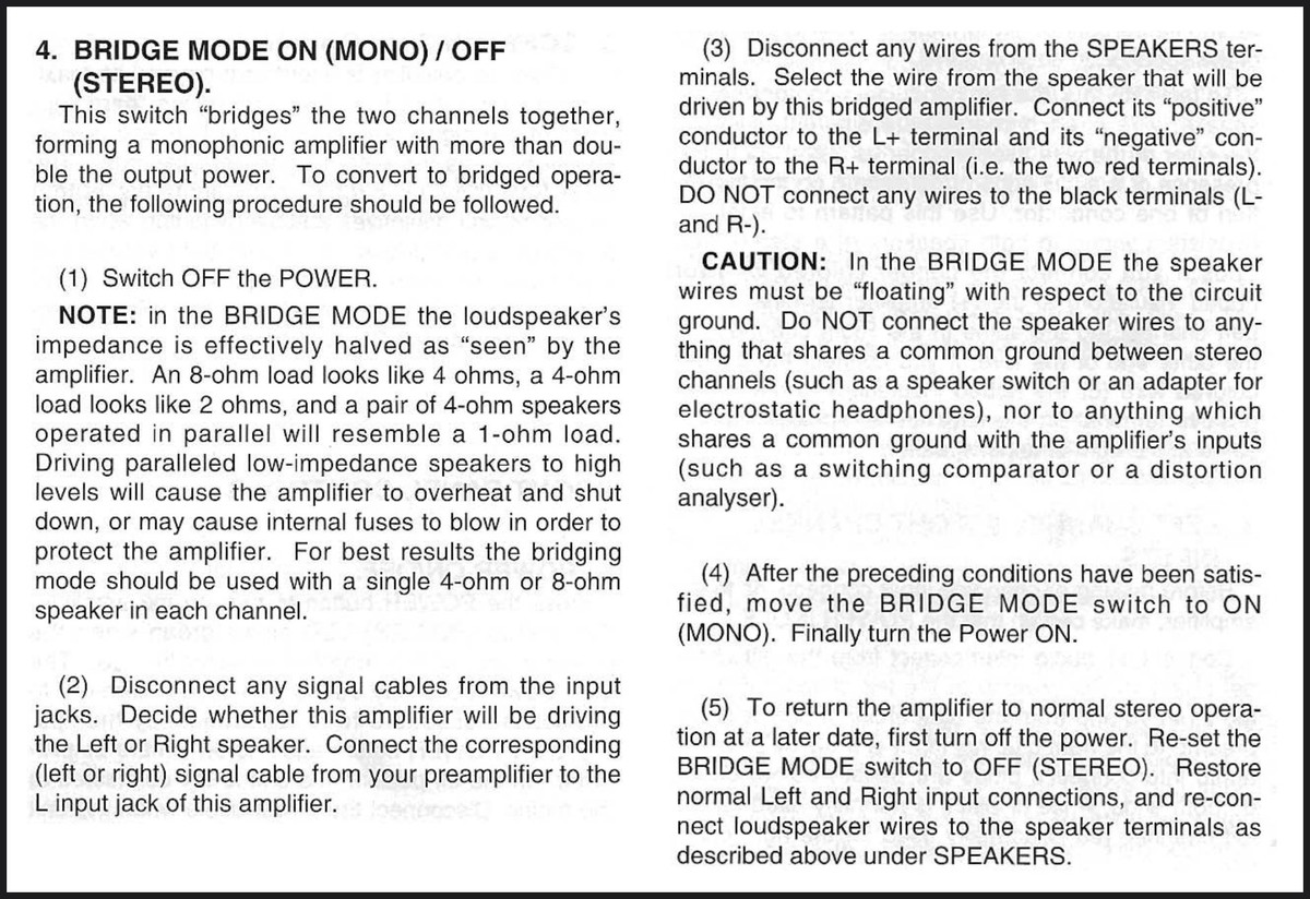 Instrukcja wzmacniacza NAD 214, opisana możliwość pracy w mostku