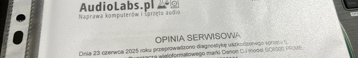 Opinia Serwisowa z pieczęcią firmową wystawiona po naprawie sprzętu w serwisie AudioLabs.pl