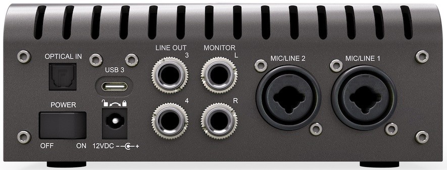 Interfejs Apollo Twin X, widok z tyłu na złącza XLR, RCA, USB i zasilające